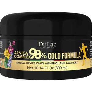 imageDulc  Arnica Gel for Bruising and Swelling Arnica Montana 98 Maximum Strength  Devils Claw for Muscle and Joint Massage Arnica Montana Complex 98 1014 Fl Oz Gold Formula
